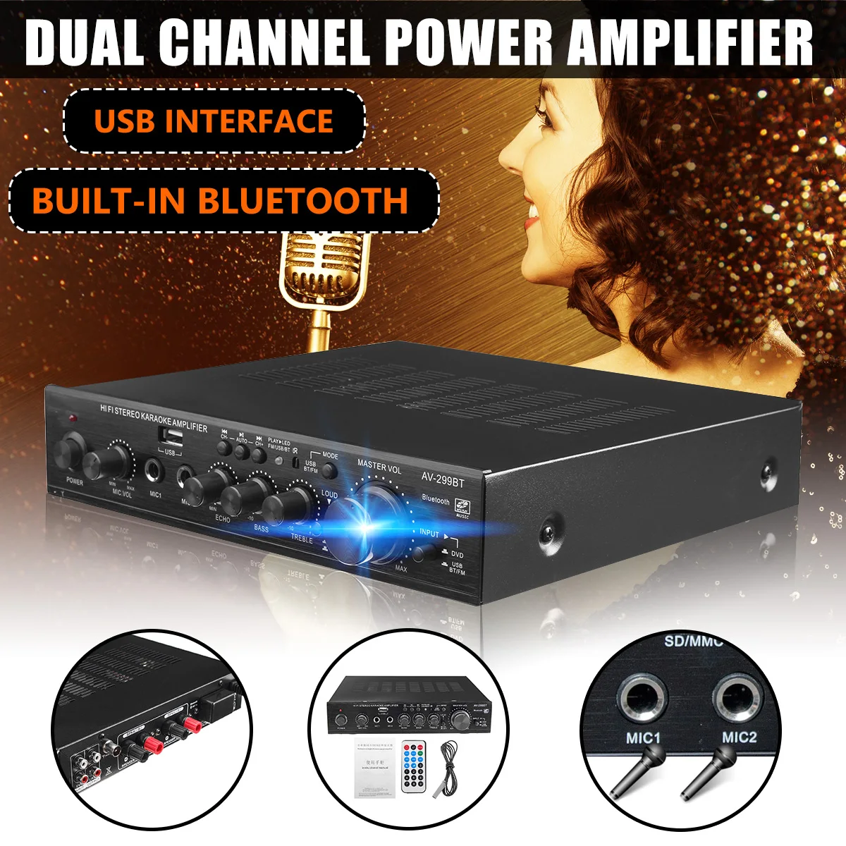 

Bluetooth 2 Channel Home Car Power Amplifier Audio Stereo AV Amp Speaker w/Remote Control Support FM USB SD Card 220v/12v 1250w