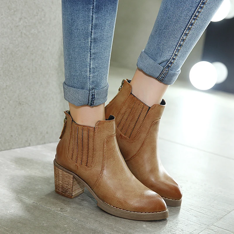 

PU Ankle Boots for Women Autumn Winter Platform Boots Square Heels Boots Pointed Toes Vintage Retro bottine Shoes 34-40