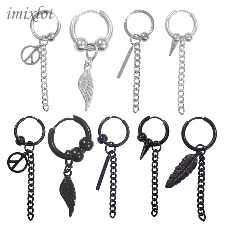 

2Pc Korean Star Men Tassel Hoop Earrings Simple Chain with Leaf and Round Circle & Small Face Pendent Piercing Punk Jewelry