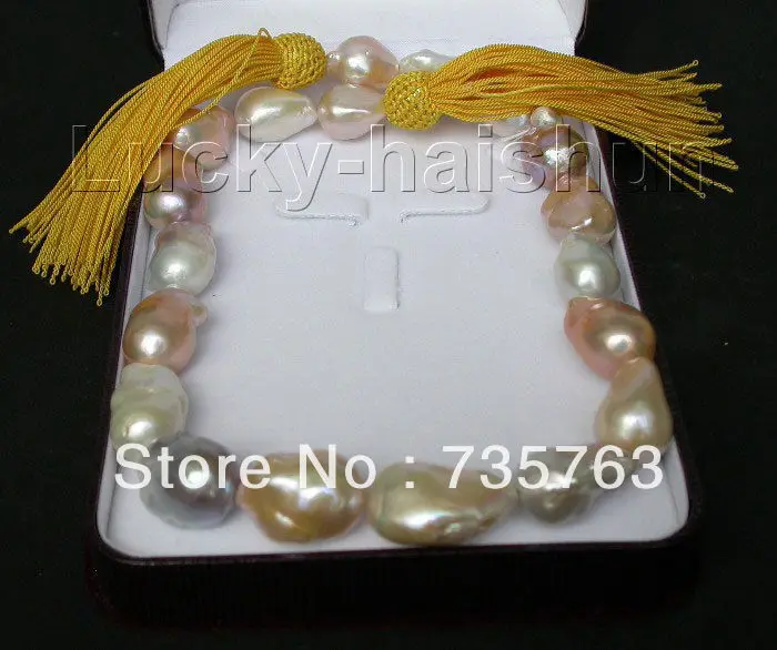 

xiuli 00335 GENUINE BAROQUE MULTICOLOR SOUTH SEA PEARL NECKLACE 14KGP SOLID