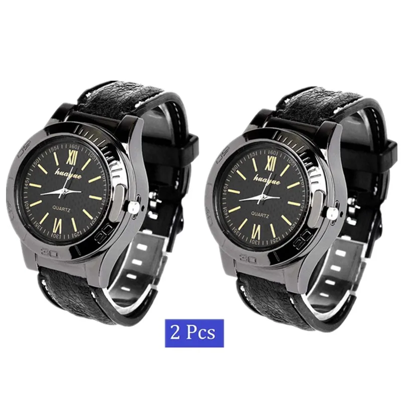 

2Pcs Rechargeable USB Lighter Watches Military Quartz Wristwatches Mens Windproof Flameless Cigarette Lighter Man Clock Gift PJ