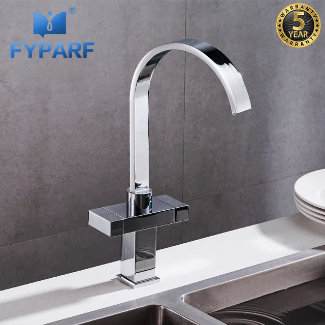 Best Offers FYPARF Waterfall Kitchen Faucet Polished Brass Contemporary Kitchen Taps 360 Swivel Dual Handle Kitchen Mixer Crane Hot and Cold