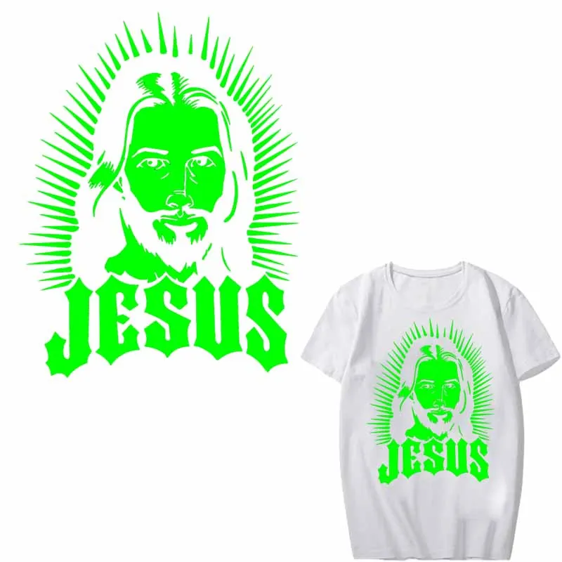 

Glow In The Dark Luminous Jesus Patch Iron on Transfers for Clothing DIY T-shirt Applique Heat Transfer Vinyl Ironing Stickers