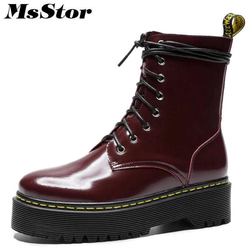 

Msstor Women Boots Fashion Thick Bottom Lace Up Zipper Ankle Boots Women Shoes Elegant Platform Black Flat Boot Shoes For Girl