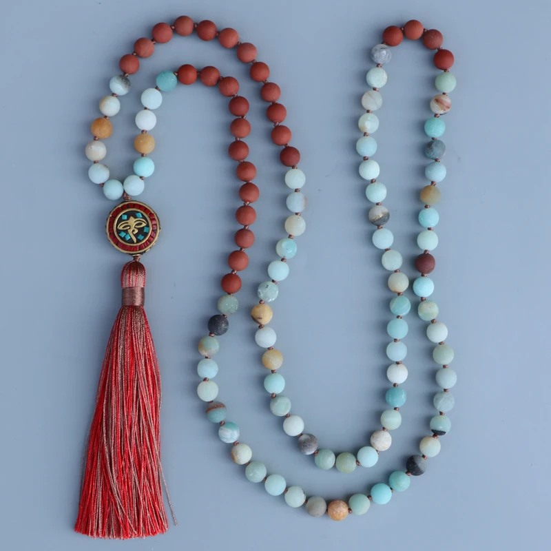 

EDOTHALIA 8MM Matte Red Stone & Amazonite Stone Nepal Mala Knotted Bead Long Necklace Women Meditation Jewelry Gift