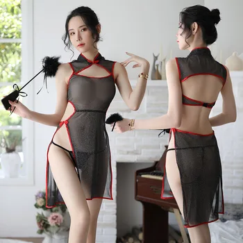 

Sexy Chinese Mesh Cheongsam Perspective Temptation Sweet Backless Erotic Lingerie China Uniform Mesh Lingerie Dress