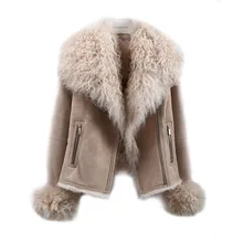 Зимняя женская куртка, настоящее двустороннее меховое пальто, натуральный овечий мех, парка в винтажном стиле, модная Байкерская уличная куртка