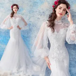 Новое поступление элегантные иллюзии Тощий изысканный цветы с длинными пышными рукавами хвостовое свадебное платье русалки 123