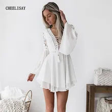 Hollow Out Chiffon Dress Sexy Women Mini Dress Criss Cross Bandage Lace Semi-sheer Plunge V-Neck Long Sleeve Dress Black/White burgundy plunge cami mini dress with lace details