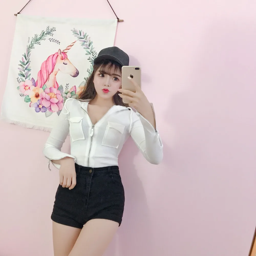 

Princess sweet lolita blouse Spring and autumn Leisure casual zipper sexy hooded slim chest-tight blouse fashion womenXH018