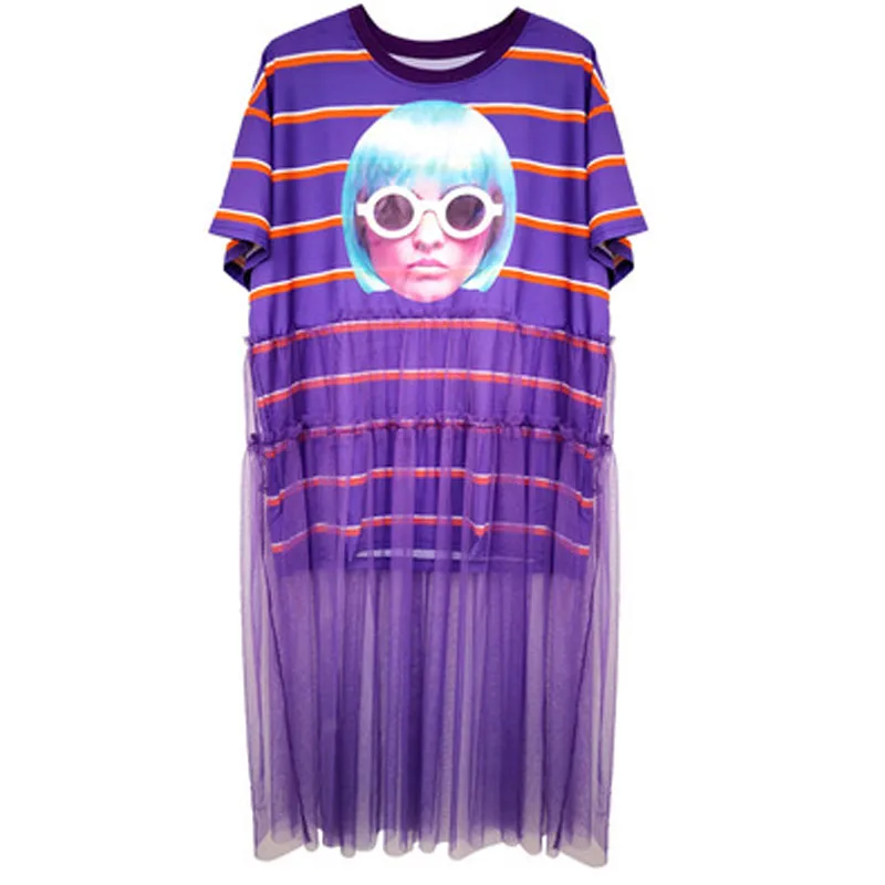 2022 Summer Tide brand new printing mesh stitching T-shirt dress purple straight loose loose long ladies loose dress