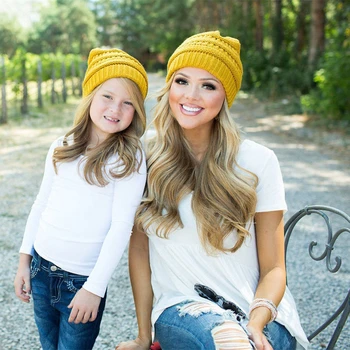

Winter Family Mother And Daughter Knit Hats 2017 Bebes Costume Women Mother Baby Girl Kids Warm Knit Hat Crochet Beanie Ski Caps