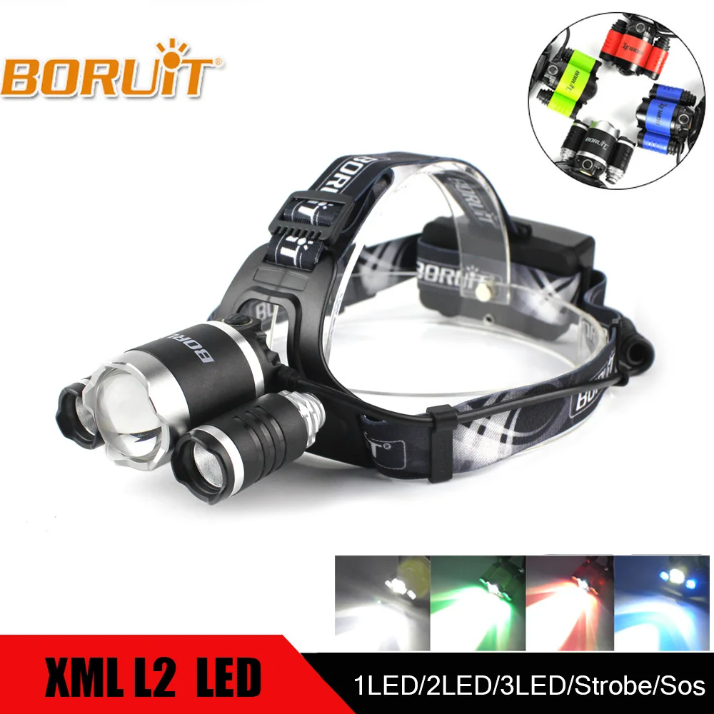 

BORUIT XML L2 XPE Powerful Headlight Green/Red/Blue/White LED Headlamp Flashlight for Hunting Fishing Motorcycle Camping 18650