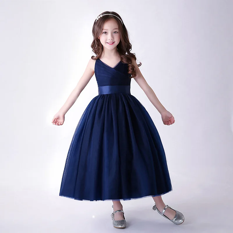 Beach Party Long Girl Dress Wedding Navy Blue Birthday Vestido De Festa Longo 4 6 8 10 12 14 Years Old Girls Clothes RKF184034