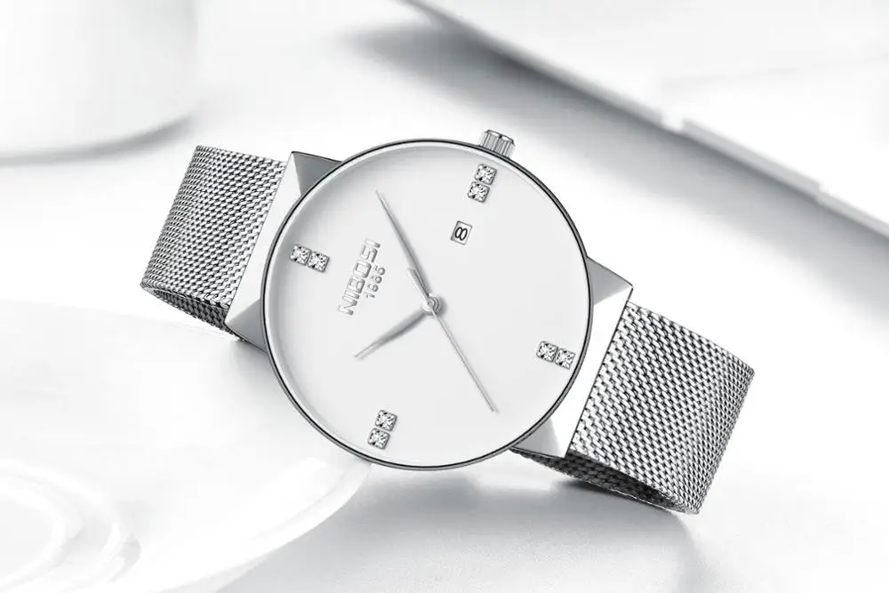 NIBOSI, женские часы, тонкие, женские часы, Роскошные, известный бренд, Relogio Feminino De Luxo, женские часы, нержавеющая сталь, сетка - Цвет: Silver White Mesh S