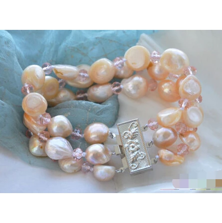 

P4100 3row 14mm pink baroque freshwater pearl faceted crystal bracelet@^Noble style Natural Fine jewe SHIPPING 5.25