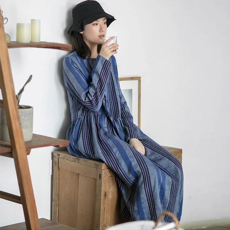 

SCUWLINEN 2019 Women Spring Dress Casual Striped Handmade Plate Buttons Long-sleeve Linen Cotton Dress Loose Retro Robe S623