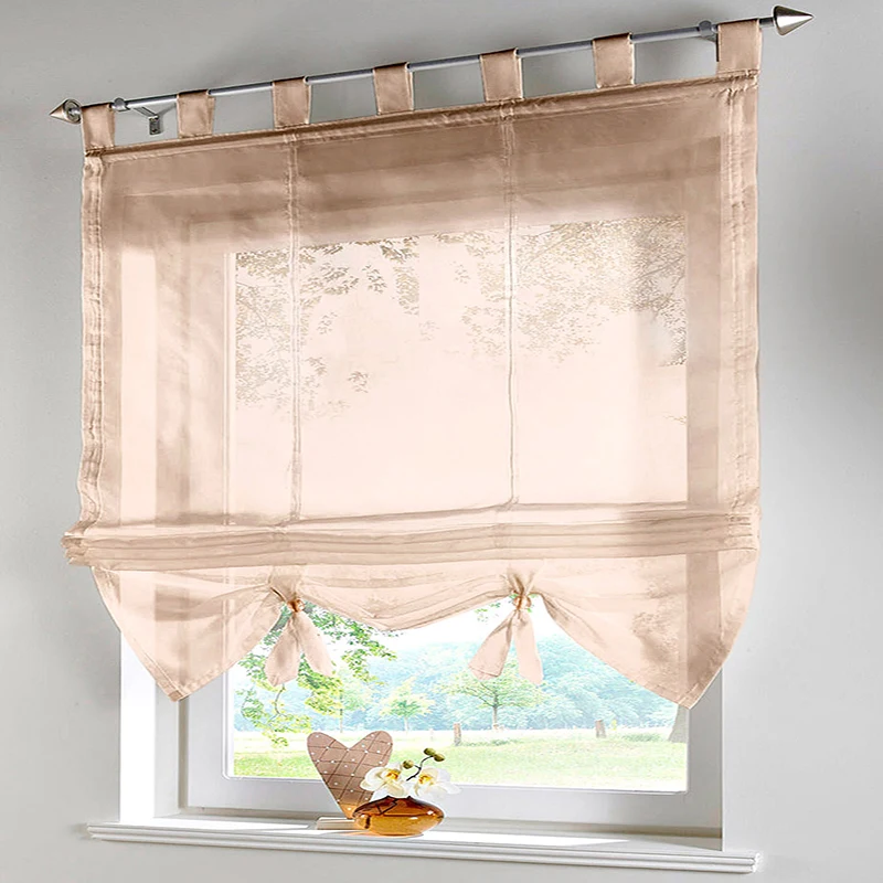 

1PC Window Curtains Short Kitchen curtains Sheer Voile Tulle Ribbon Roman Curtains Tulle for Living room Balcony Kitchen Window