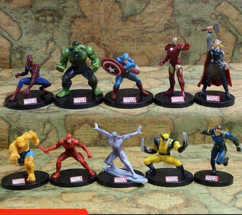 

10pcs/set Avengers Superheros Iron Man Spiderman Wolverine Quicksilver Ben Grimm Hulk PVC Action Figure Toy KT402