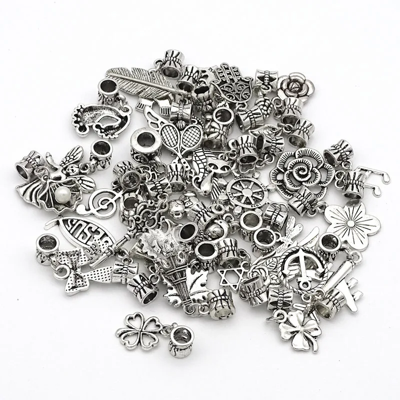 

Free Shipping 30pcs/lot randomly Mixed Silver European Dangle Charms Floating Beads Fit European Pandora Snake Chain Bracelets