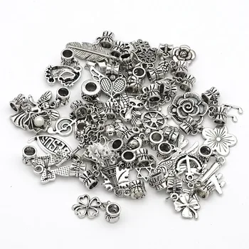 

Free Shipping 30pcs/lot randomly Mixed Silver European Dangle Charms Floating Beads Fit European Pandora Snake Chain Bracelets