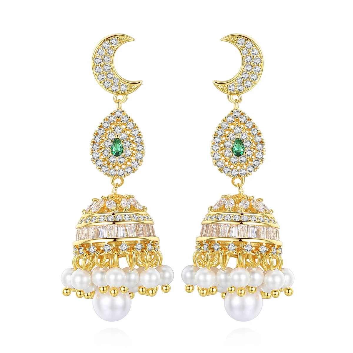 Изящные маленькие серьги-гвоздики с фианитами в виде Луны, женские индийские серьги Jhumka, роскошные свадебные украшения в Дубае, милые свадебные серьги с цирконием и жемчугом