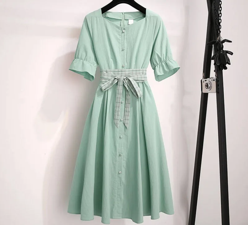 Летнее повседневное женское платье с поясом, милое однобортное женское платье - Цвет: Зеленый