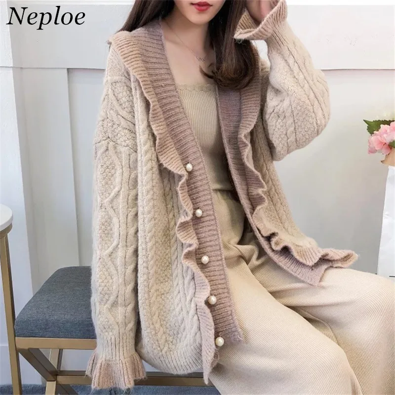 

Neploe Ruched Contrast Color Knitted Women Cardigan Gentle Elegant Loose Women Girl Stich 2019 New Auttum Casual Sweater 68645
