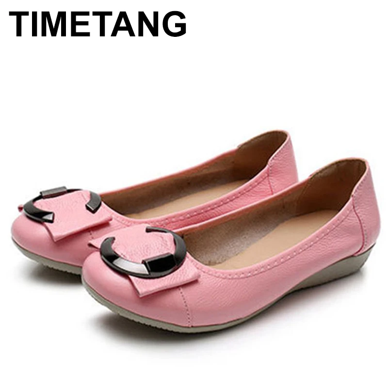 

TIMETANG Spring Summer Ballet Flats Shoes Women Genuine Leather Shallow Round Toe Plus Size Leather Slip On Shoes For WomenE728