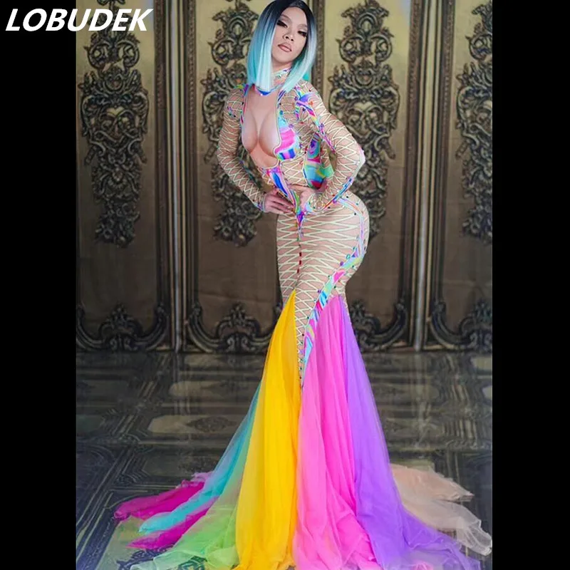 

Fashion Colorful Mesh Bandage Printed Long Dress Big Elastic Crystals Trailing Dress Prom Singer Bar Party Celebration Costume
