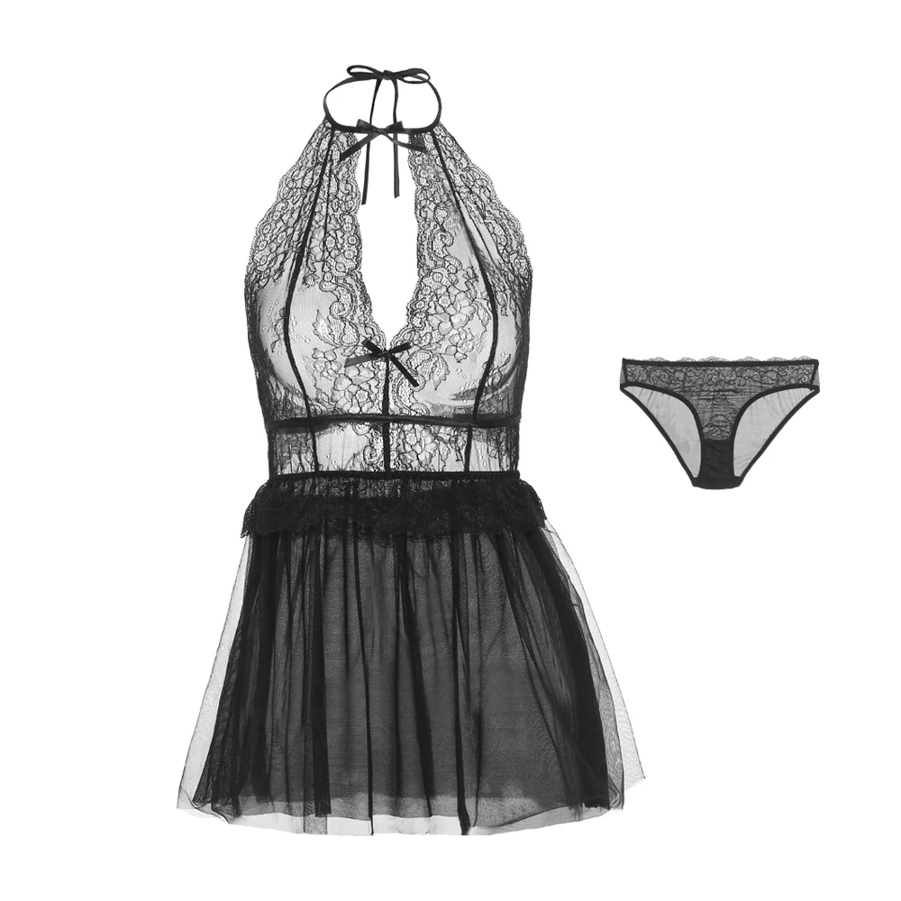 Sexy Mousse Evening Wear Sexy Night Gowns With Thong Sets Halter Backless Mesh Lace Fabric Wedding Use Young Girl New
