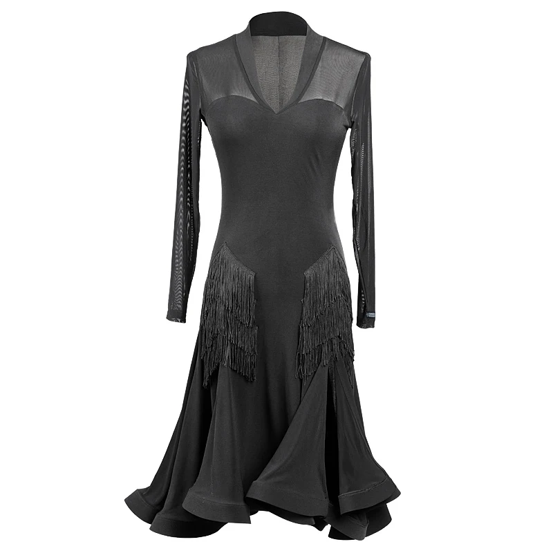 Новые платья для соревнований латинских танцев, Женский костюм для выступлений с v-образным вырезом, юбка с кисточками для латинских танцев, 2 цвета, одежда для соревнований DQS1005 - Цвет: black long sleeve