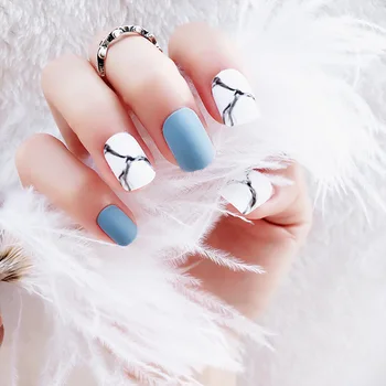 

Nail Factory Wholesales 24pcs/Set fake nails with glue Short frosted matte Blue with white designs hybrid False Nails full cover