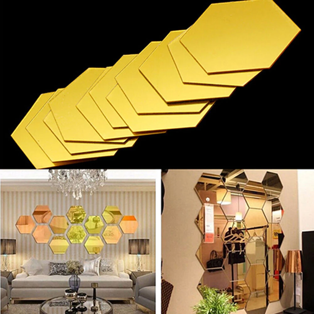 12 шт. зеркальные шестигранные съемные акриловые наклейки на стену, художественные DIY Декоративные наклейки для дома, зеркальные декоративные наклейки для гостиной