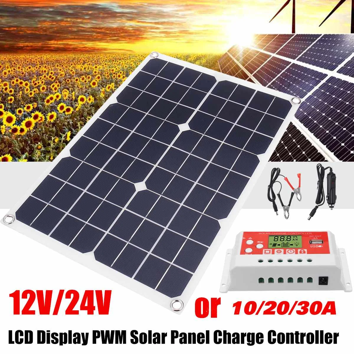 

New 10/20/30A Solar Charge Controller Dual USB LCD Display 12V 24V Auto Solar Panel 50W LCD Display PWM Solar Panel Regulator