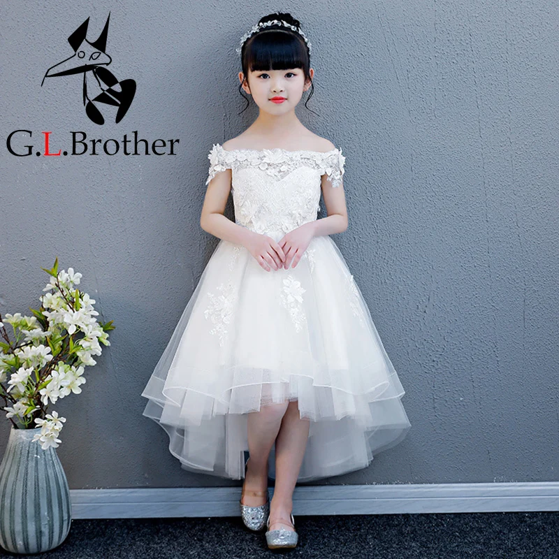 Luxury Flower Girl Dreses Wedding Off The Shoulder Princess Dress Lace Up Short Front Long Back Kids Pageant Dress For Birthday halter off shoulder open back midi dress