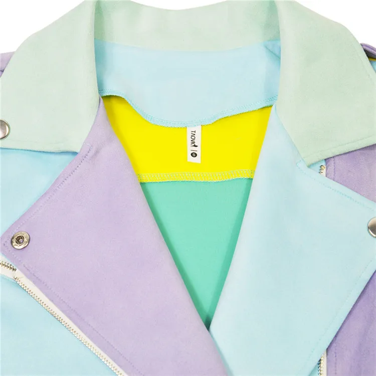 TAOVK замшевые сказочные Базовые Куртки с цветными блоками и отворотами, пальто на молнии, крутая мотоциклетная куртка с поясом, синий, фиолетовый, желтый