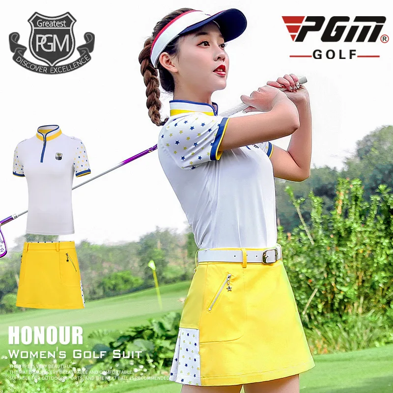 PGM комплекты с юбкой для гольфа, женская футболка с коротким рукавом, летняя плиссированная юбка, спортивный костюм, Женская дышащая одежда для гольфа D0735