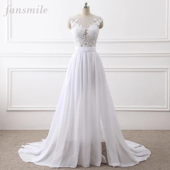 

Fansmile New Chiffon Vestido De Noiva White Lace Wedding Dresses 2020 Plus Size Long Train Wedding Gowns Bride Dress FSM-455T
