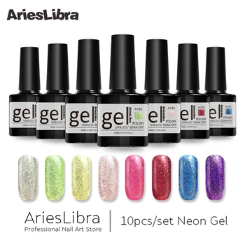 

AriesLibra 10PCS Neon Gel Lacquer Set Long-lasting Top Base Coat 10ML Gel Polish Manicure LED UV Gel Nail Polishes Lacquer