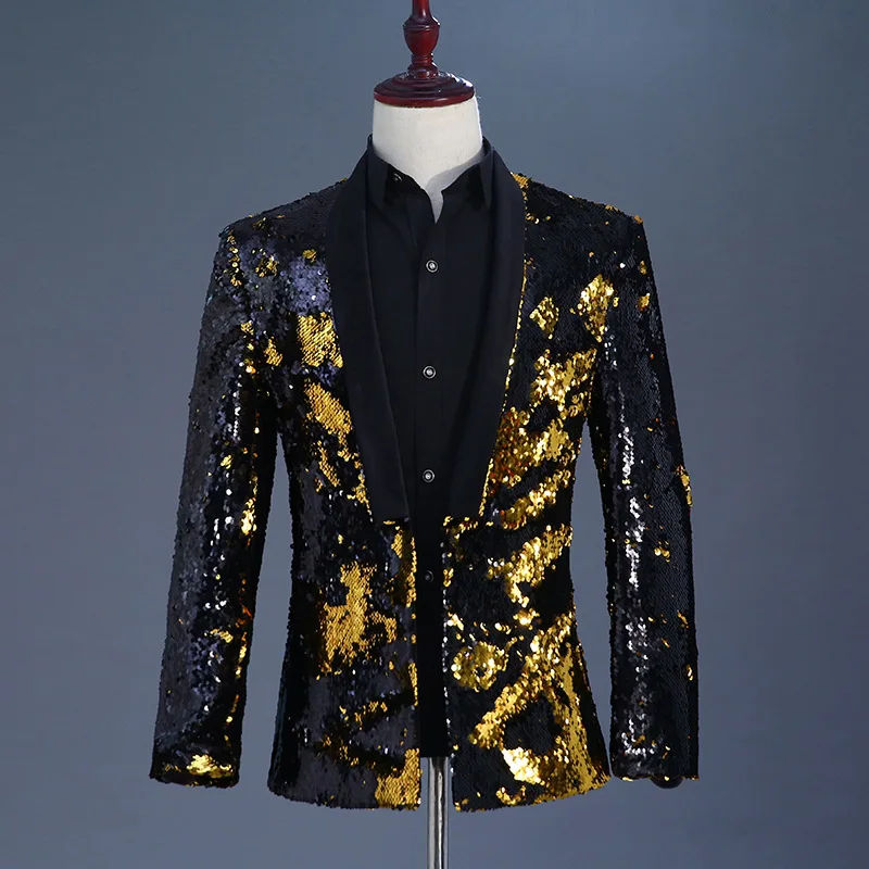 Fashion Changing Black Gold Sequin Blazer Men Fancy Paillette Wedding