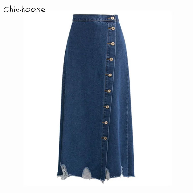 Chichoose Women Denim Skirts Long Skirt High Waist Jeans Maxi Skirts Casual Vintage Button Ankle
