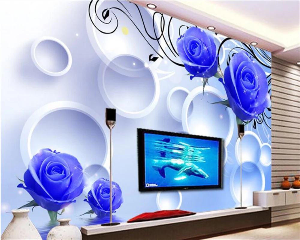 

beibehang Hanging on the wall of the large wall paper blue rose reflection 3D living room TV wall papel de parede 3d wallpaper