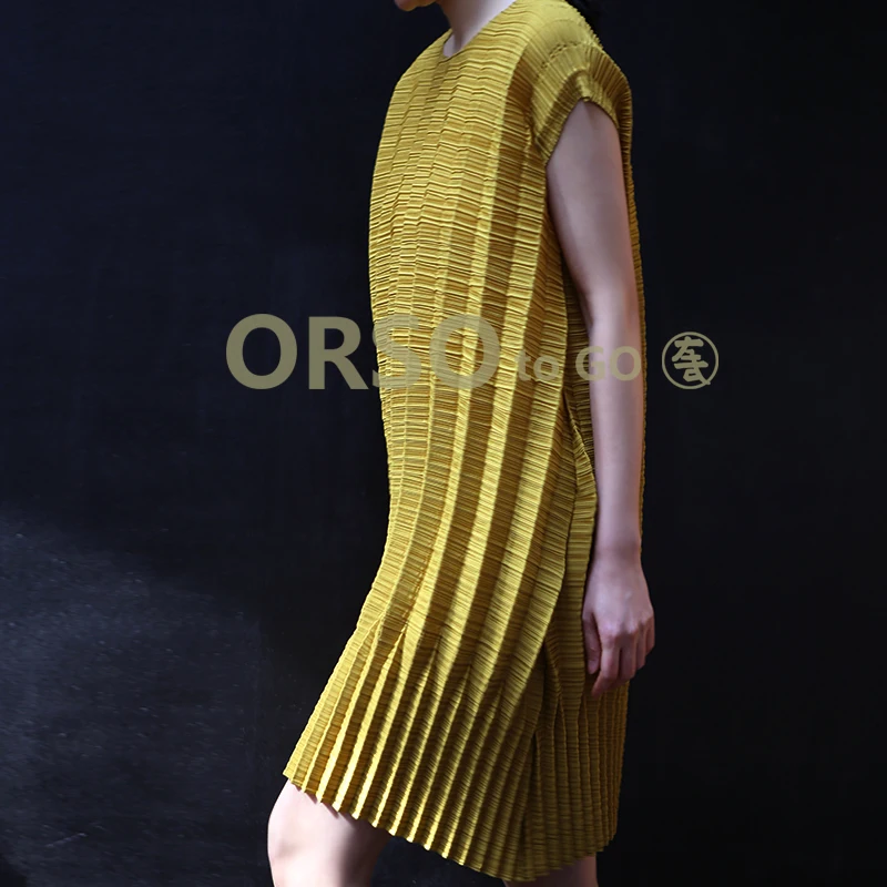 Very Cheap y64LD Changpleat 2019 Summer New Women Loose Dress Miyak Pleated Fashion Design Short sleeve O neck Solid Large Size Female Dress Tide