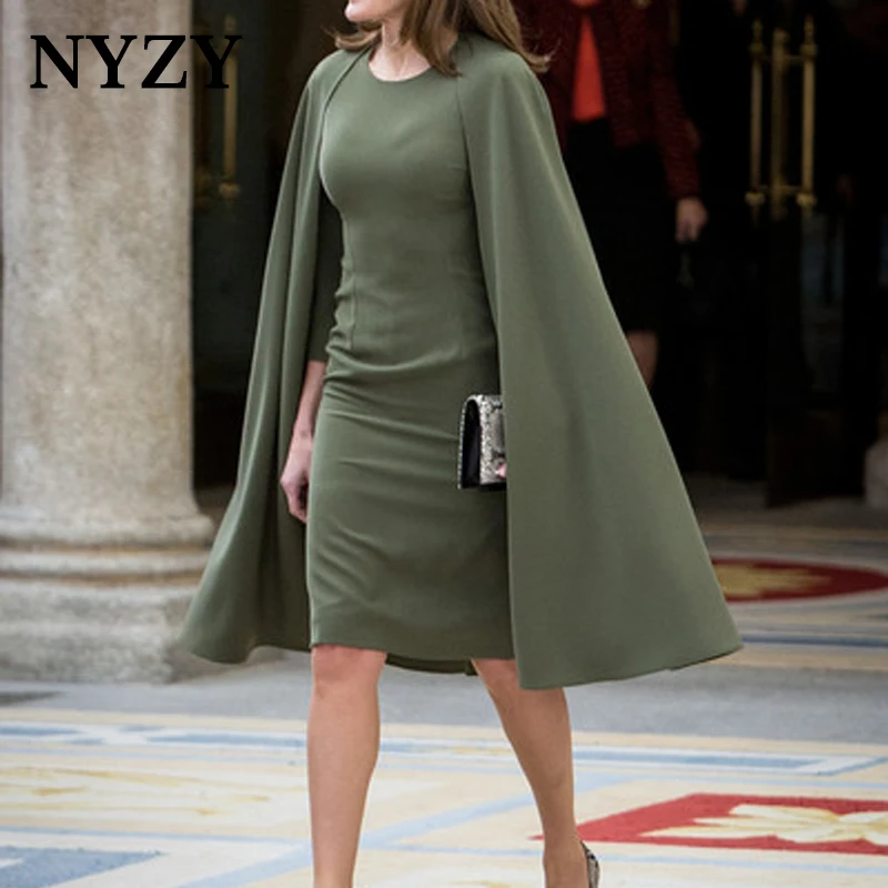 

Elegant Short Mother Of The Bride Groom Dresses Olive Green 2019 NYZY M192 Cape Sleeve Godmother Gown Formal Dress Women Elegant