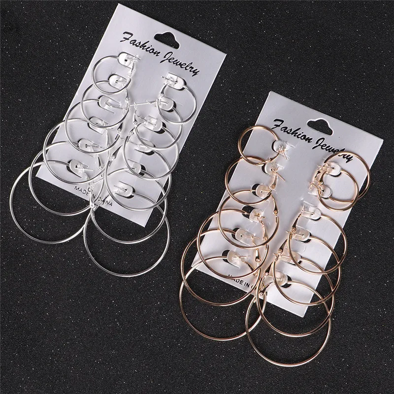 

New 6Pairs/set Vintage Silver Gold Big Circle Hoop Earrings Women Steampunk Ear Orecchini Donna Pendientes Aretes A25#