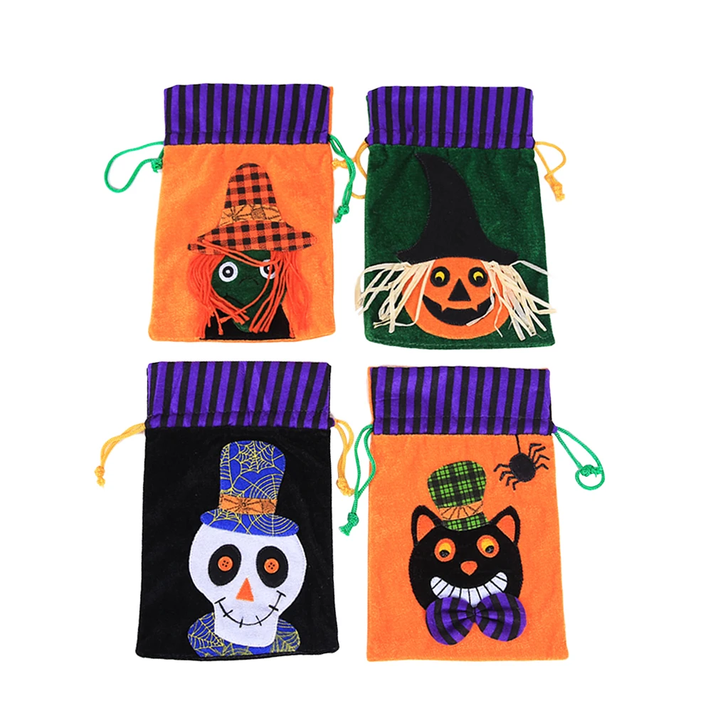 4pcs Halloween Goody Party Favors Candies Bags Funny Fabric Drawstring