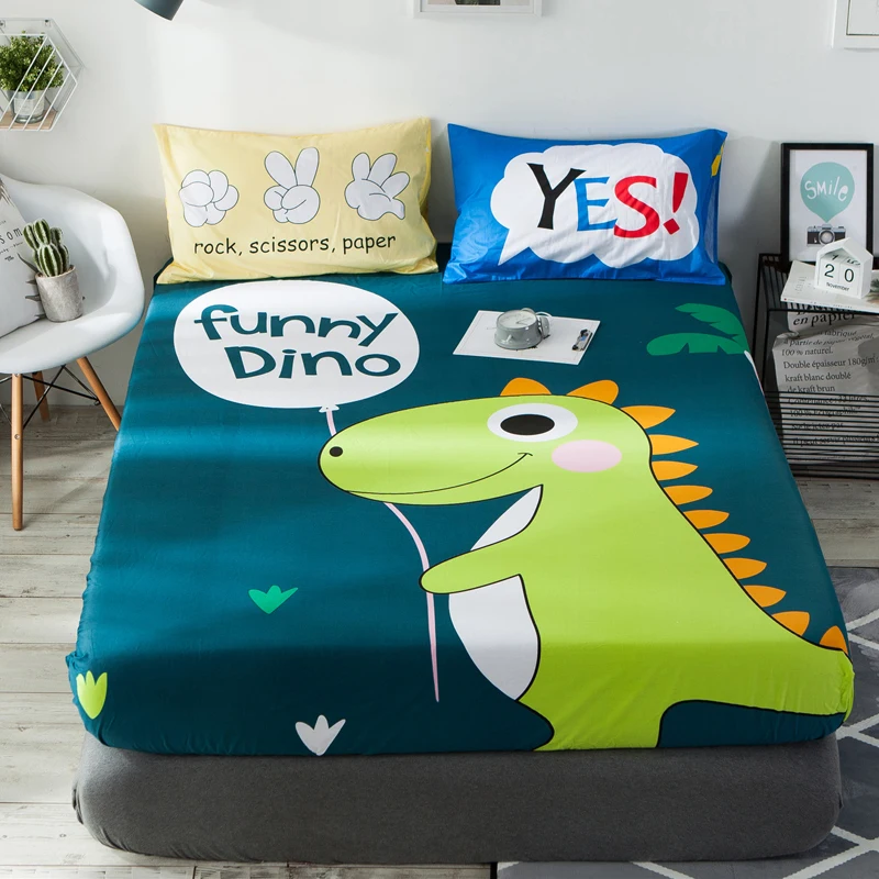 

100% Cotton Soft Kids Bed Sheet with All Round Rubber Dinosaur printed Fitted Sheet Pillow shams Twin Queen size for Girls Boys