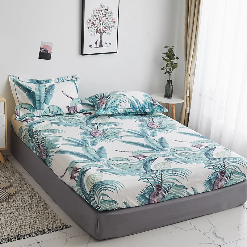 

White green Banana leaf Fitted Sheet(With Elastic Band) Bed Mattress Protective Cover cotton Bed Sheet good quality pillowcase