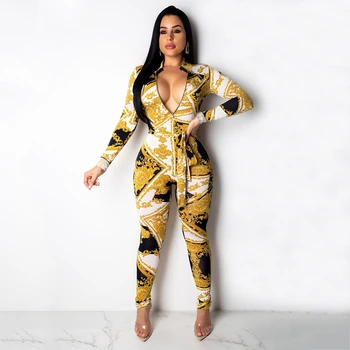 

Summer Contrast Color Vintage Palace Print Long Sleeve Jumpsuit Women V-Neck Front Zipper Plus Size Rompers Overalls With Sashes